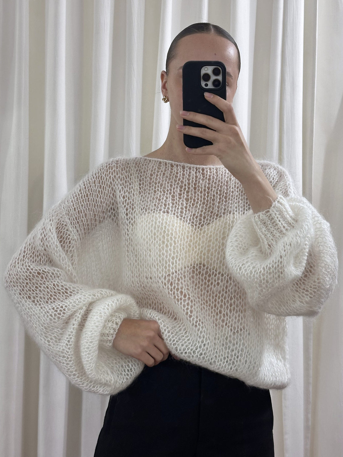 Светр із мохеру з прозорою кокеткою, Молочний — Aura Atelier