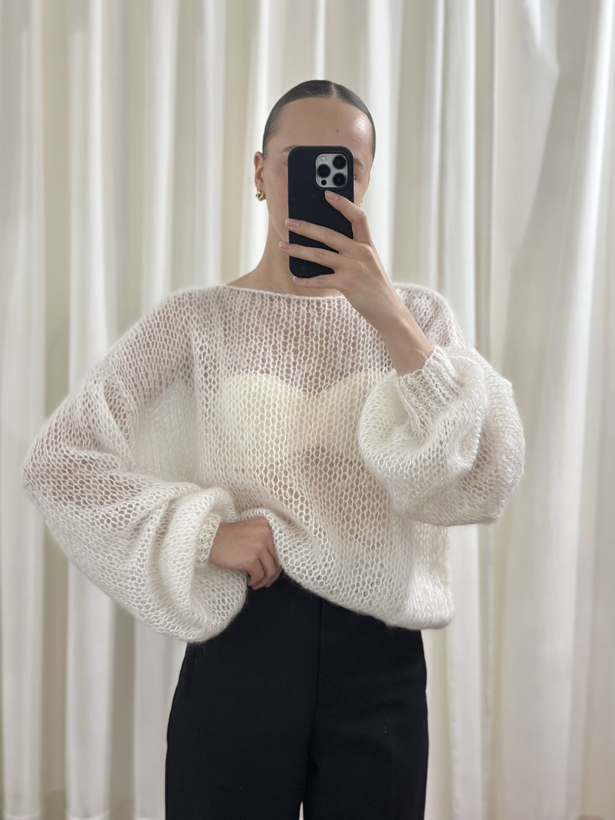 Светр із мохеру з прозорою кокеткою, Молочний — Aura Atelier