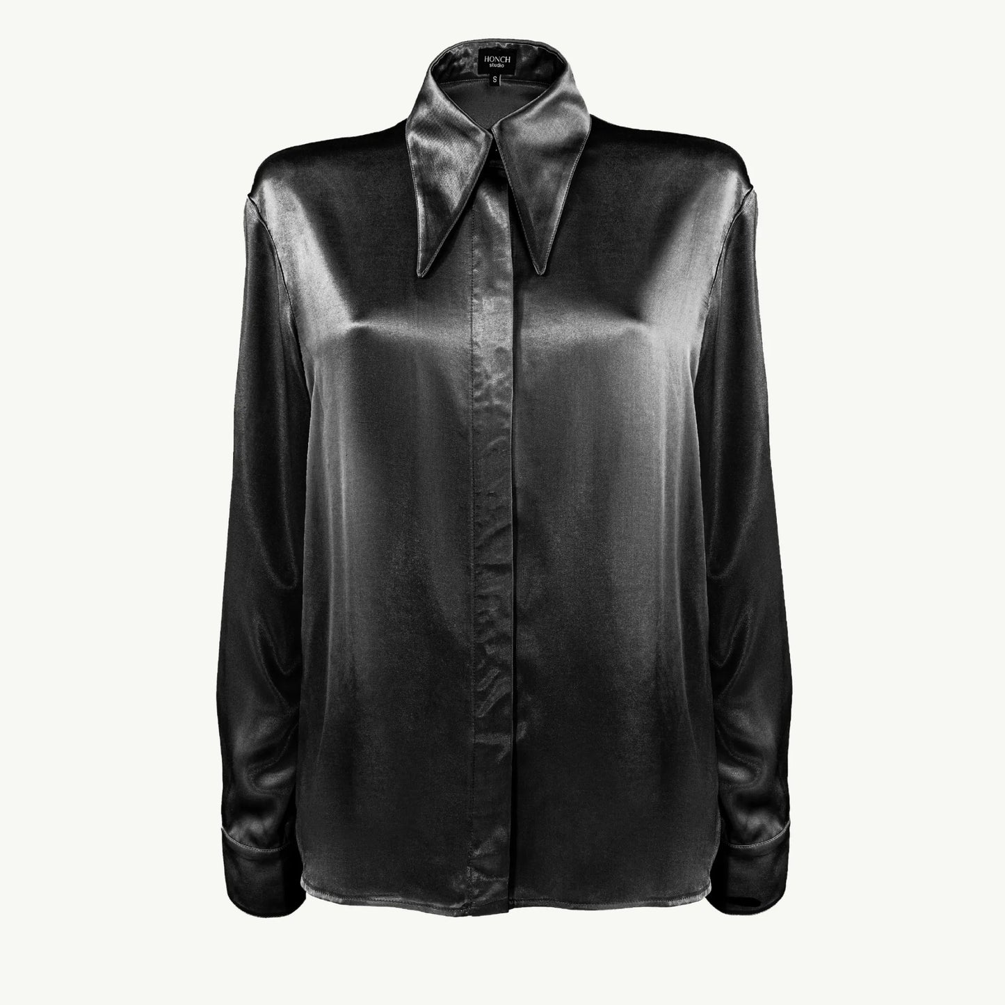 Black satin shirt with an extended collar