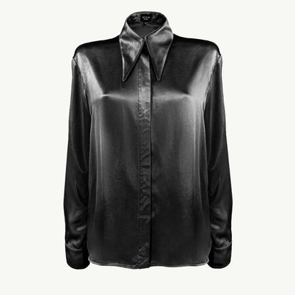 Black satin shirt with an extended collar