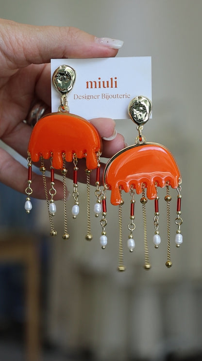 Jellyfish Accent Statement Earrings (Orange)