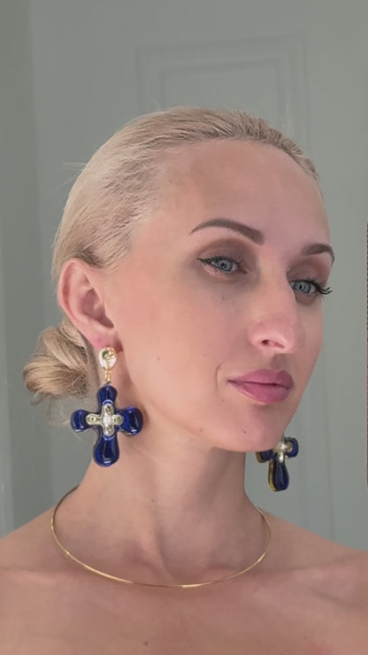 Accent Cross Earrings (Blue) in Organic Glass