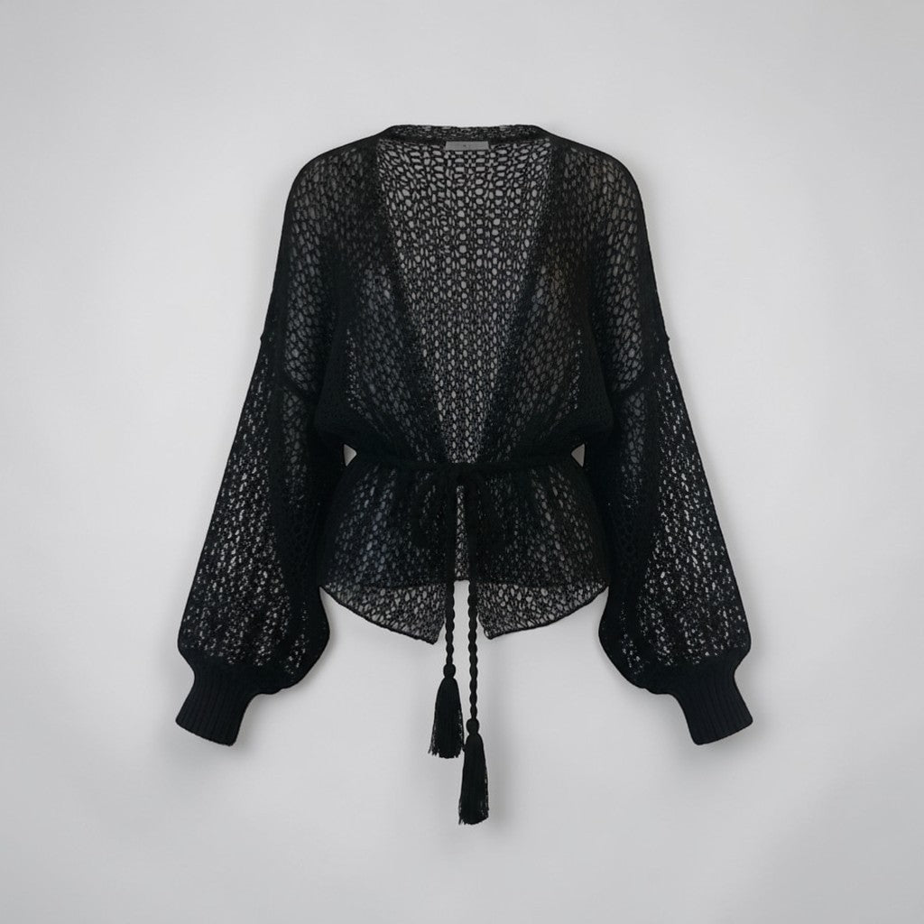 Stassia 12 black handmade mohair cardigan with open knit pattern and tie waist. Loose fit, ideal for layering.