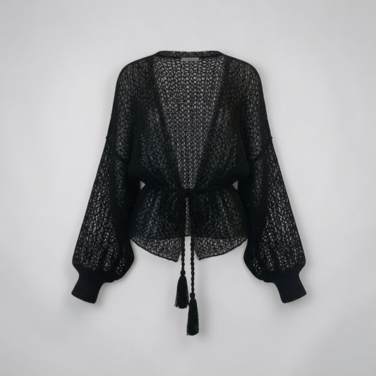 Stassia 12 black handmade mohair cardigan with open knit pattern and tie waist. Loose fit, ideal for layering.