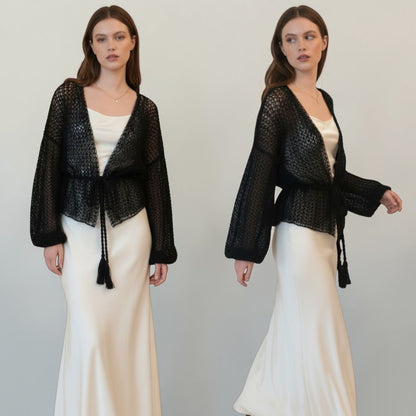 Stassia 12 black open-knit mohair cardigan with tie waist and wide sleeves, handmade.