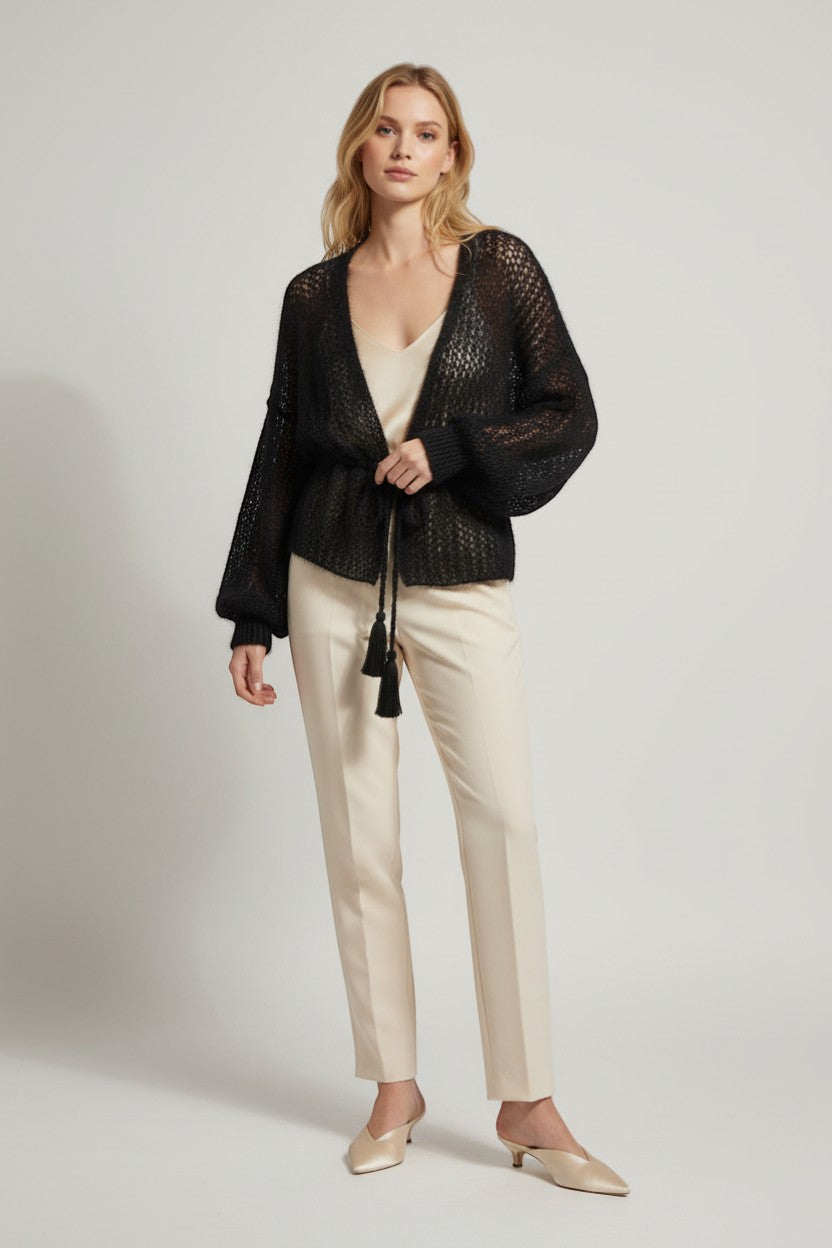 Stassia 12 black mohair open-knit cardigan with balloon sleeves and tassel tie waist