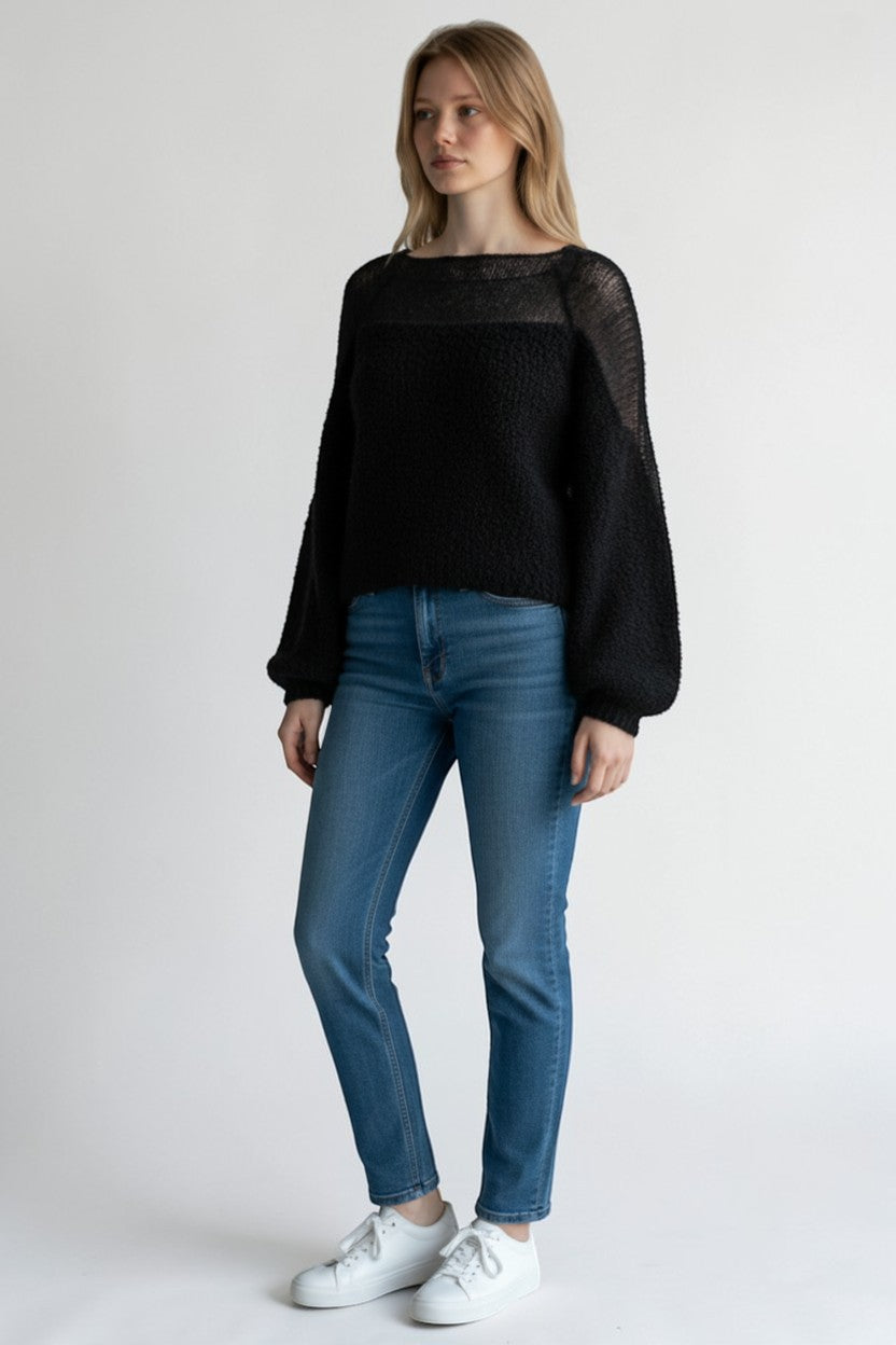 Stassia 12 black wool and mohair blend sweater with a textured body and sheer sleeves. Features a square neckline and balloon sleeves.