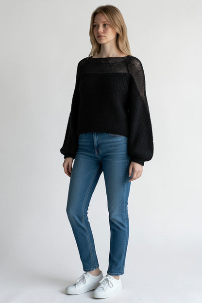 Stassia 12 black wool and mohair blend sweater with a textured body and sheer sleeves. Features a square neckline and balloon sleeves.