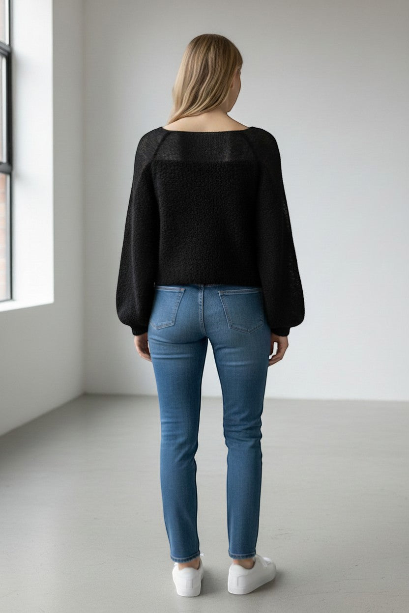 Stassia 12 black wool and mohair blend sweater with a square neckline and balloon sleeves.