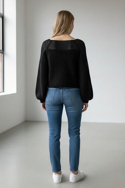 Stassia 12 black wool and mohair blend sweater with a square neckline and balloon sleeves.