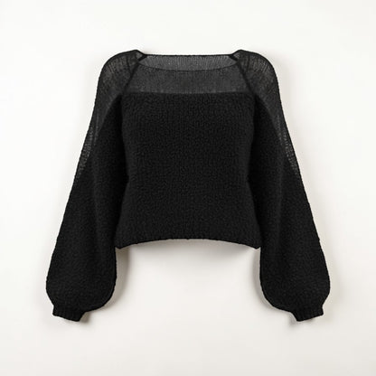 Stassia 12 black wool and mohair blend sweater with a textured knit and wide sleeves. Square neckline.