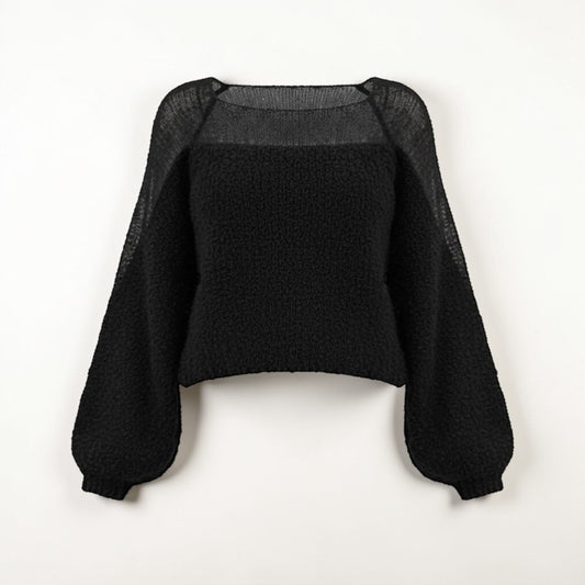 Stassia 12 black wool and mohair blend sweater with a textured knit and wide sleeves. Square neckline.