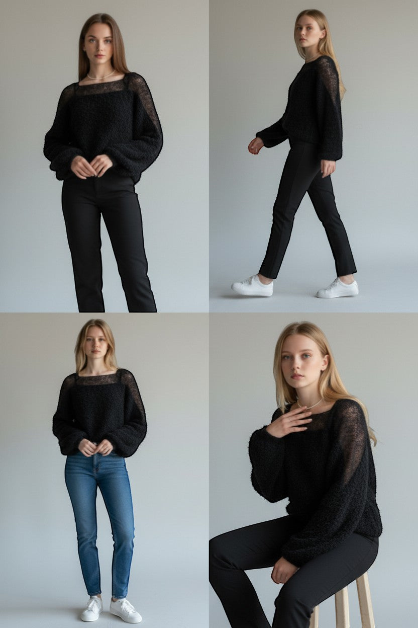 Stassia 12 black wool and mohair blend sweater with textured knit and square neckline. Long sleeves.