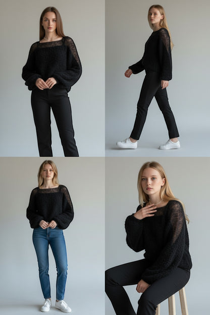 Stassia 12 black wool and mohair blend sweater with textured knit and square neckline. Long sleeves.