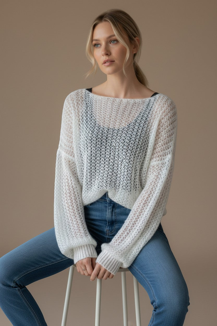 Stassia 12 white mohair knit sweater with a loose fit and balloon sleeves, perfect for a cozy and stylish look.