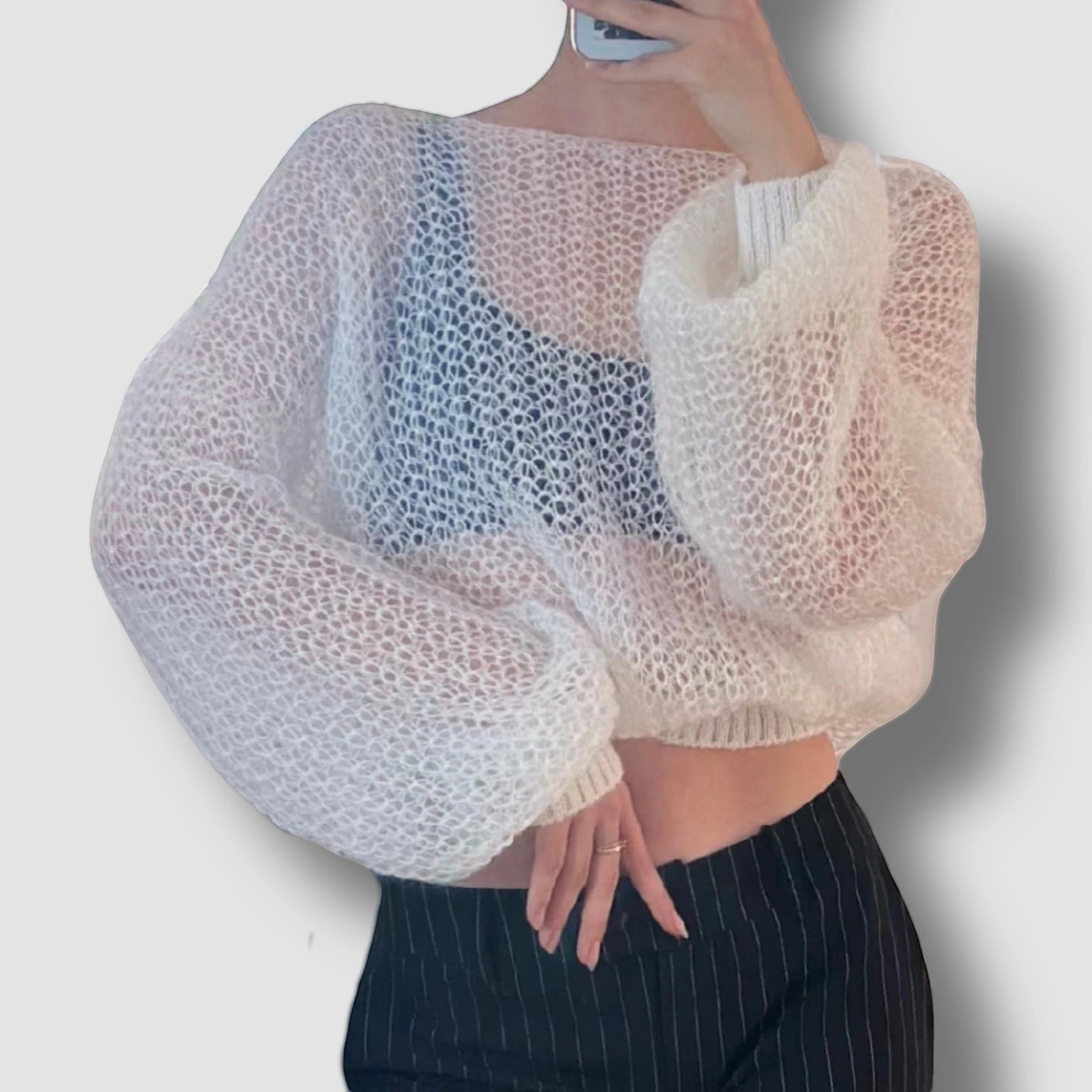 Stassia 12 white mohair knit sweater with open weave and balloon sleeves. Handcrafted for warmth and style.