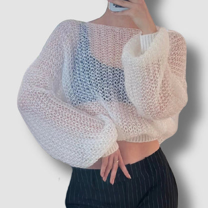 Stassia 12 white mohair knit sweater with open weave and balloon sleeves. Handcrafted for warmth and style.