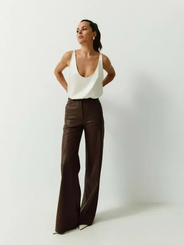 Штани з екошкіри Wide Leg — Коричневий