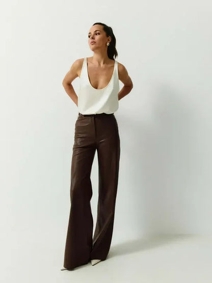 Штани з екошкіри Wide Leg — Коричневий