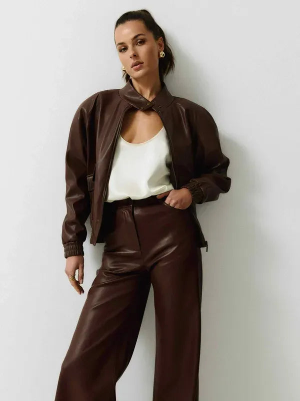 Штани з екошкіри Wide Leg — Коричневий